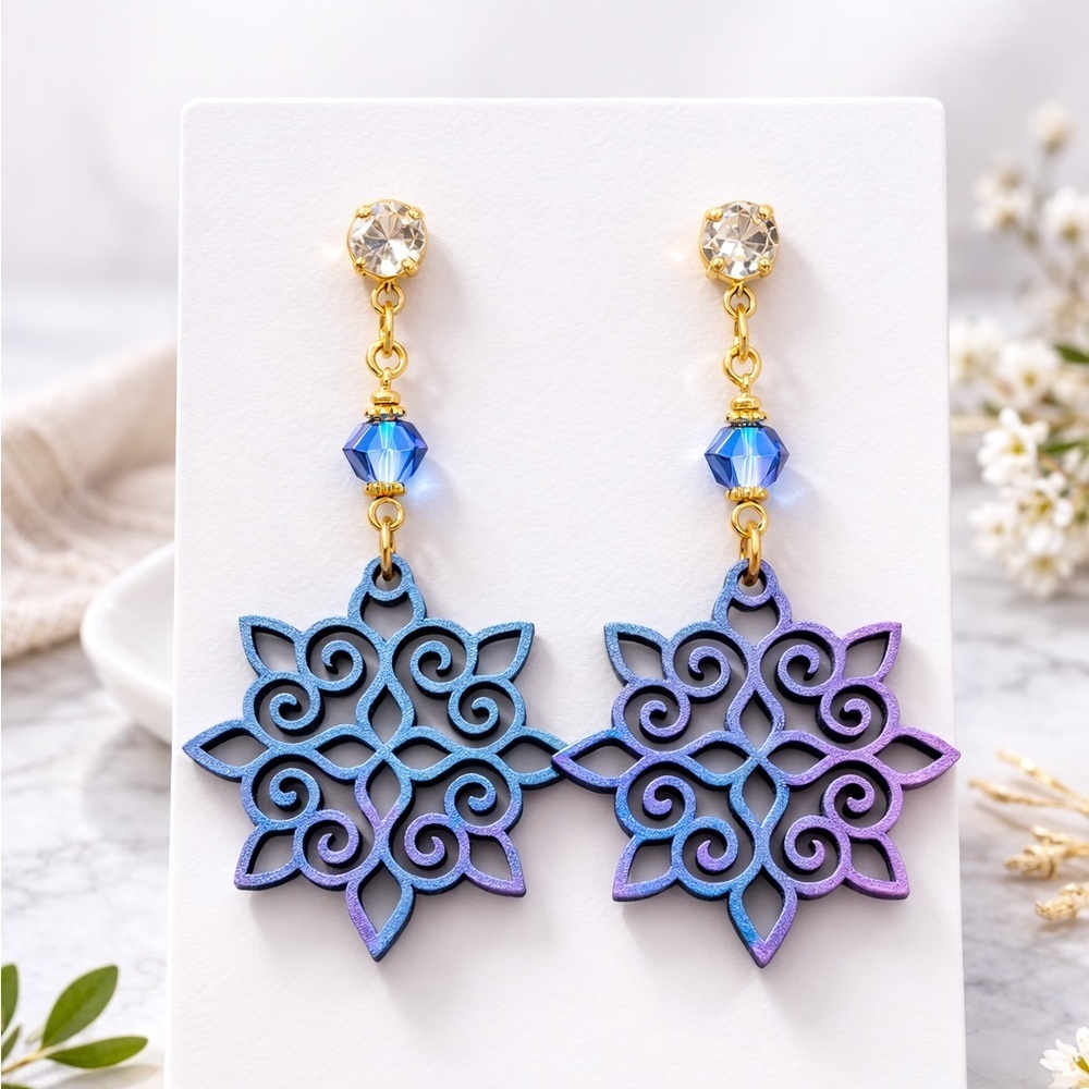 Blue and Purple Color Shift Filigree Earrings - Picture 1 of 7